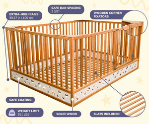 Toddler Safety Bed – Wooden Bed with Extra High Rails and Slatted Base (Oasis Bed)