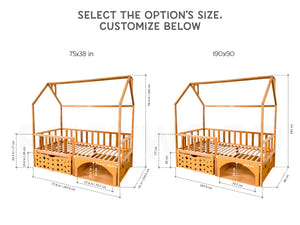 Montessori House Bed with Pet Space & Rolling Storage Drawer (BusyPet Lounge Bed)
