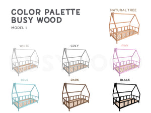 Montessori wood Toddler Bed with Legs, Roof, Slats and Fence (Model 1)