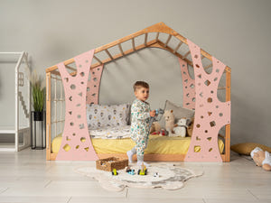 Playhouse Bunk Bed – Low-Profile Bunk Frame with Climber for Toddlers (Monkey Bed)