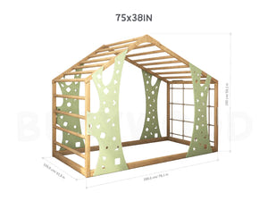 Playhouse Twin Floor Bed- Monkey Gym Bed - Climbing Bed Frame (Natural + Green color)