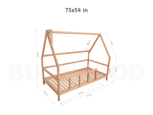 Full Montessori Bed with legs and roof Natural color, Size 75x54 in (Model 1)