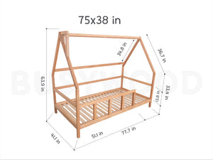 Toddler Bed with Legs, Roof and Slats with front rail White color, Twin size 75x38 in (Model 1)