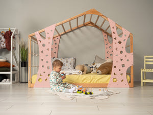 Playhouse Bunk Bed – Low-Profile Bunk Frame with Climber for Toddlers (Monkey Bed)