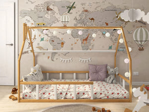 Montessori Toddler Twin Floor Bed with Railings Natural-White Color (Model 1)