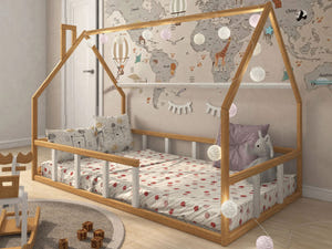 Montessori Toddler Twin Floor Bed with Railings Natural-White Color (Model 1)