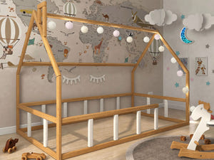 Montessori Toddler Twin Floor Bed with Railings Natural-White Color (Model 1)