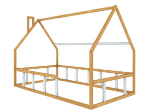 Montessori Toddler Twin Floor Bed with Railings Natural-White Color (Model 1)