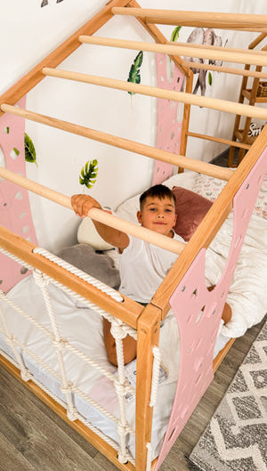 Playhouse Bunk Bed – Low-Profile Bunk Frame with Climber for Toddlers (Monkey Bed)
