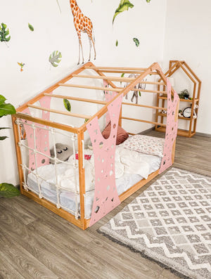 Playhouse Bunk Bed – Low-Profile Bunk Frame with Climber for Toddlers (Monkey Bed)
