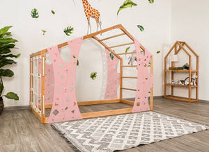 Playhouse Bunk Bed – Low-Profile Bunk Frame with Climber for Toddlers (Monkey Bed)