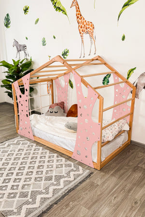 Playhouse Bunk Bed – Low-Profile Bunk Frame with Climber for Toddlers (Monkey Bed)