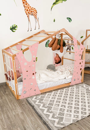 Playhouse Bunk Bed – Low-Profile Bunk Frame with Climber for Toddlers (Monkey Bed)