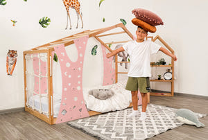 Playhouse Bunk Bed – Low-Profile Bunk Frame with Climber for Toddlers (Monkey Bed)