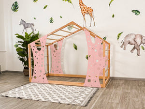 Playhouse Bunk Bed – Low-Profile Bunk Frame with Climber for Toddlers (Monkey Bed)
