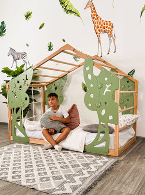 Toddler Forest Bed with Slatted Base - Kids Bed Frame with Climbing Wall