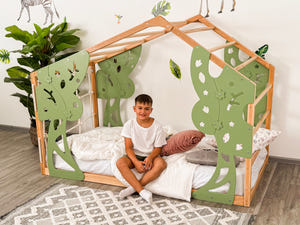 Toddler Forest Bed with Slatted Base - Kids Bed Frame with Climbing Wall
