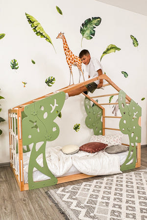 Toddler Forest Bed with Slatted Base - Kids Bed Frame with Climbing Wall