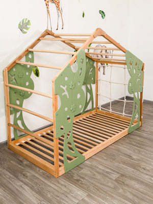 Toddler Forest Bed with Slatted Base - Kids Bed Frame with Climbing Wall