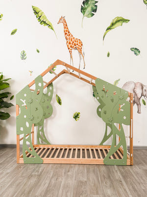 Toddler Forest Bed with Slatted Base - Kids Bed Frame with Climbing Wall