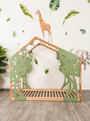 Toddler Forest Bed with Slatted Base - Kids Bed Frame with Climbing Wall