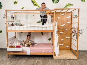 Twin Bed – Space-Saving Twin Bunk with Climbing Wall for Active Kids (Jungle Bed)