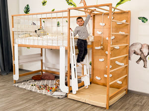 Twin Bed – Space-Saving Twin Bunk with Climbing Wall for Active Kids (Jungle Bed)