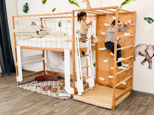 Twin Bed – Space-Saving Twin Bunk with Climbing Wall for Active Kids (Jungle Bed)