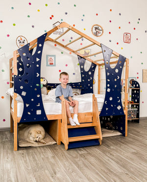 Toddler Montessori Climbing Bed with Double Pet Space Underneath (BusyPet Duo Bed)