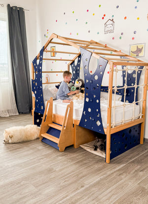 Toddler Montessori Climbing Bed with Double Pet Space Underneath (BusyPet Duo Bed)