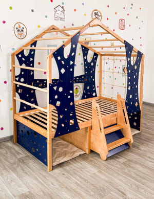 Toddler Montessori Climbing Bed with Double Pet Space Underneath (BusyPet Duo Bed)