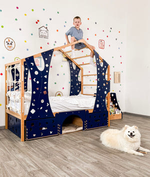 Wooden Kids Climbing Bed with Dog Bed Underneath (BusyPet Buddy Bed)