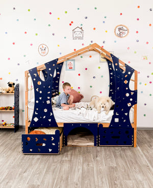 Wooden Kids Climbing Bed with Dog Bed Underneath (BusyPet Buddy Bed)