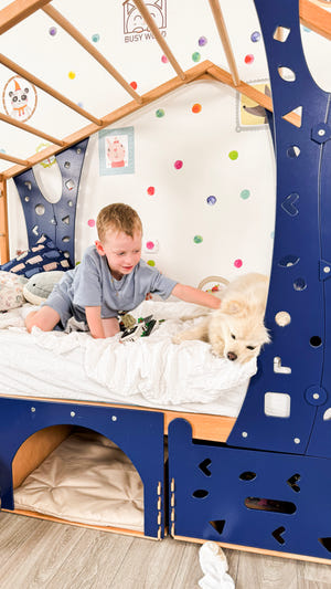 Wooden Kids Climbing Bed with Dog Bed Underneath (BusyPet Buddy Bed)