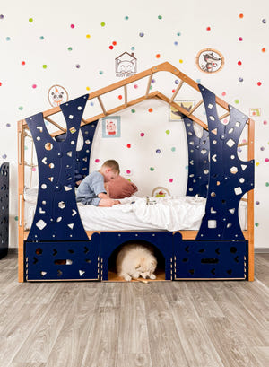 Wooden Kids Climbing Bed with Dog Bed Underneath (BusyPet Buddy Bed)