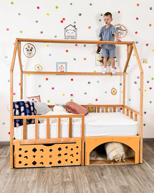 Montessori House Bed with Pet Space & Rolling Storage Drawer (BusyPet Lounge Bed)