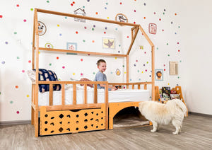 Montessori House Bed with Pet Space & Rolling Storage Drawer (BusyPet Lounge Bed)