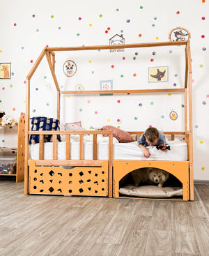 Montessori House Bed with Pet Space & Rolling Storage Drawer (BusyPet Lounge Bed)