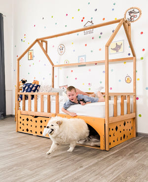 Montessori House Bed with Pet Space & Rolling Storage Drawer (BusyPet Lounge Bed)