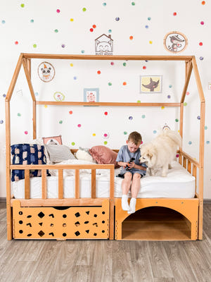Montessori House Bed with Pet Space & Rolling Storage Drawer (BusyPet Lounge Bed)