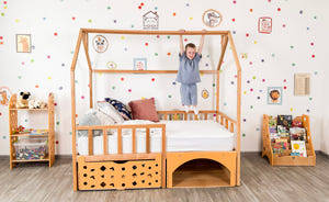 Montessori House Bed with Pet Space & Rolling Storage Drawer (BusyPet Lounge Bed)
