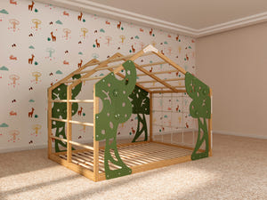 Toddler Forest Bed with Slatted Base - Kids Bed Frame with Climbing Wall