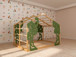 Toddler Forest Bed with Slatted Base - Kids Bed Frame with Climbing Wall
