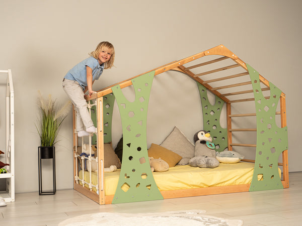 Playhouse Twin Floor Bed- Monkey Gym Bed - Climbing Bed Frame (Natural + Green color), фото 1
