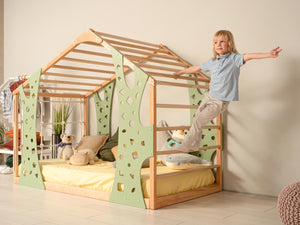 Playhouse Twin Floor Bed- Monkey Gym Bed - Climbing Bed Frame (Natural + Green color)