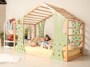 Playhouse Twin Floor Bed- Monkey Gym Bed - Climbing Bed Frame (Natural + Green color)