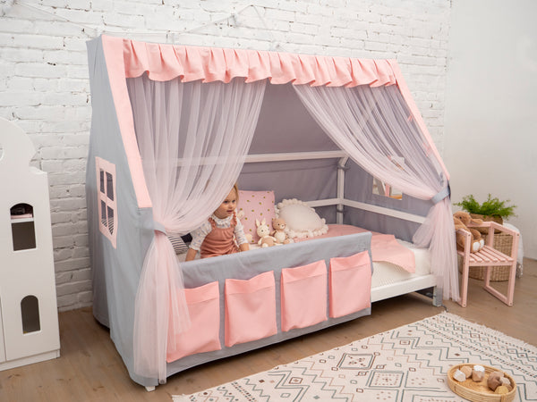 Princess Palace Canopy Bed Set Grey-Pink Color