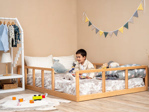 Montessori wood floor bed with rails + slats  (Model 10)