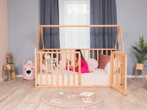 Montessori wood House Playpen Bed with Fall Protection Floor & Slats & Roof (Model 21)