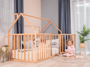 Montessori wood House Playpen Bed with Fall Protection Floor & Slats & Roof (Model 21)